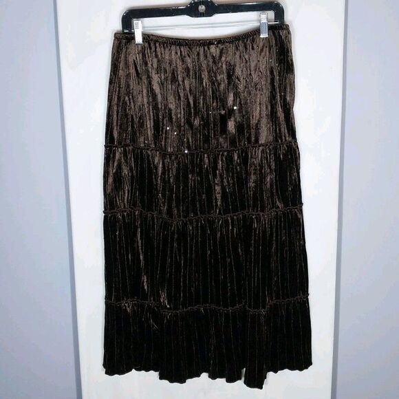 Central Park Maxi Skirt L Brown Velvet Tiered Sequins Boho Festival Whimsigoth - Picture 4 of 6